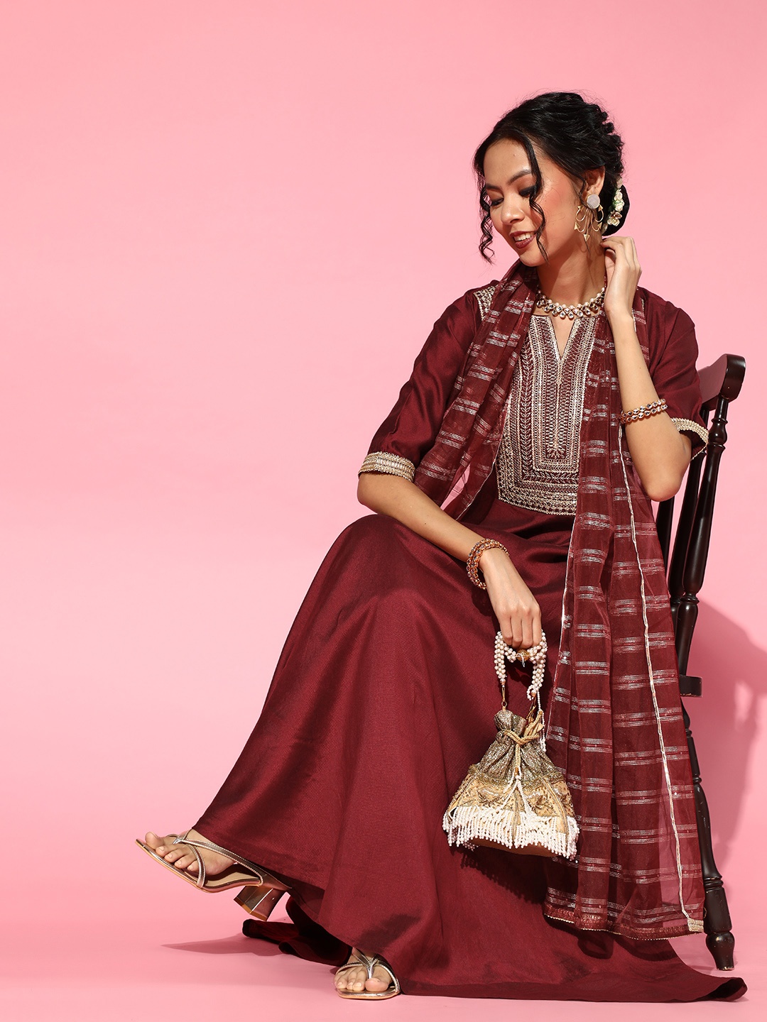 

Indo Era Maroon Liva Swirling Volume Kurta Set