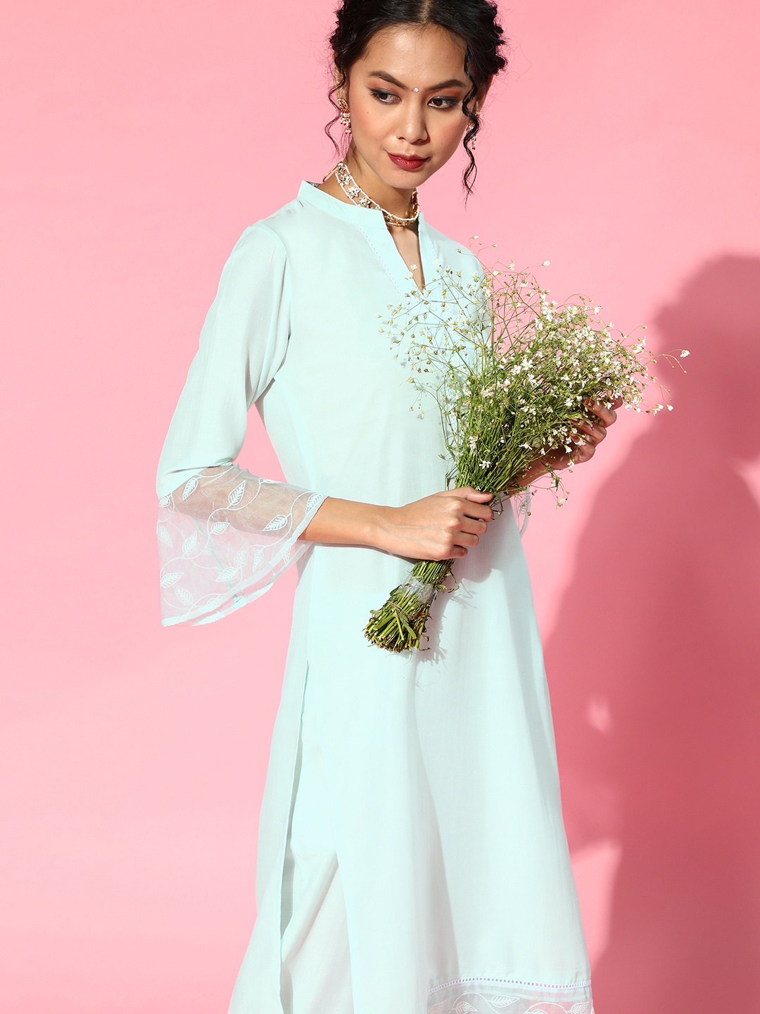 

Indo Era Blue Silk Blend Mandarin Collar Kurta Set