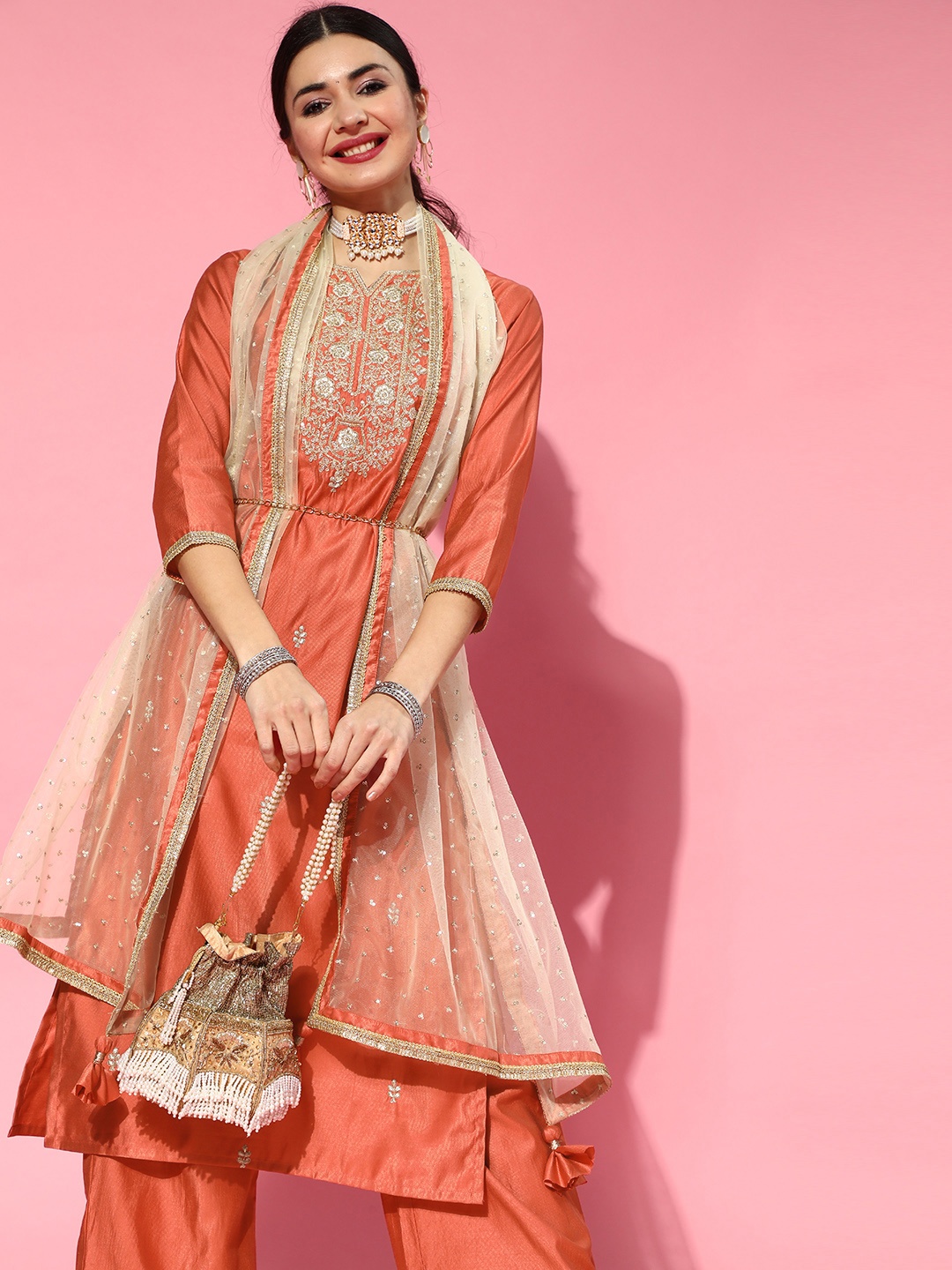 

Indo Era Rust Silk Blend Ethnic Motifs Kurta Set