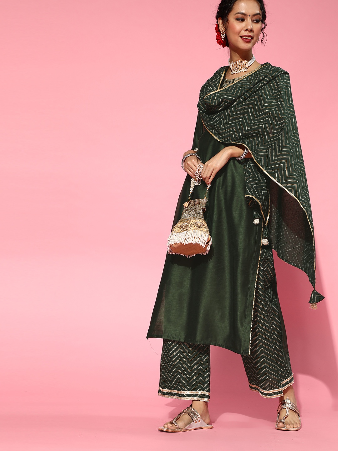 

Indo Era Green Liva Calf Length Kurta Set