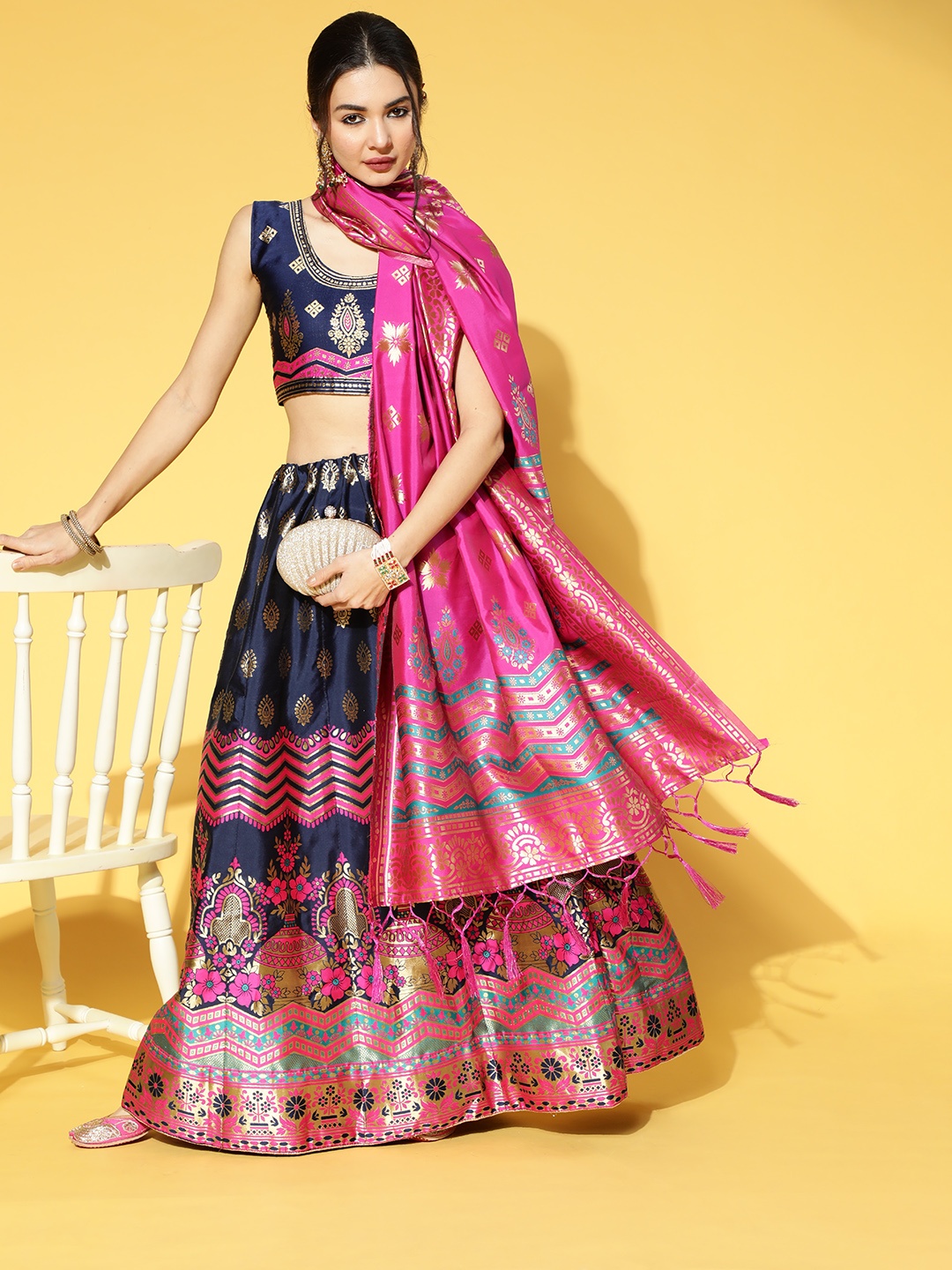 

Indo Era Navy Blue Woven Design Semi-Stitched Lehenga Choli with Dupatta