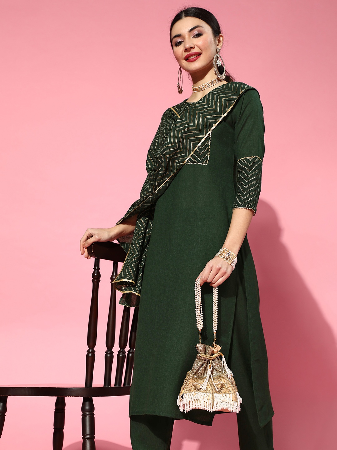 

Indo Era Green Cotton Blend Calf Length Kurta Set