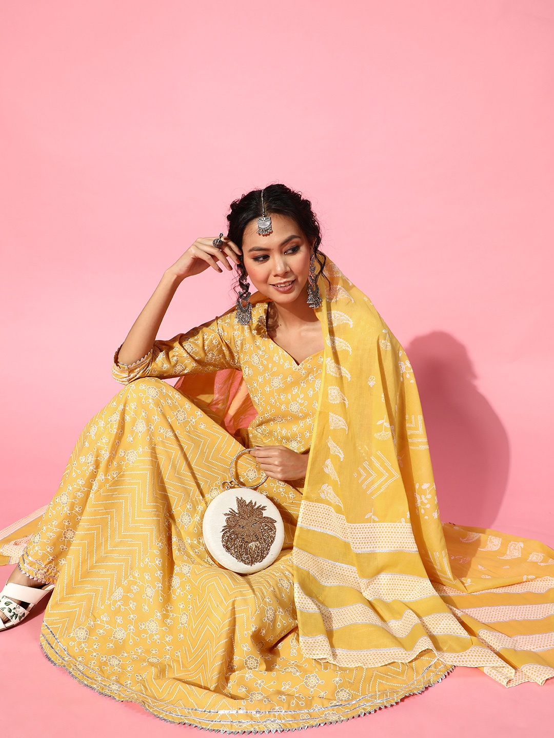

Indo Era Women Bright Yellow Romantic Florals Dress