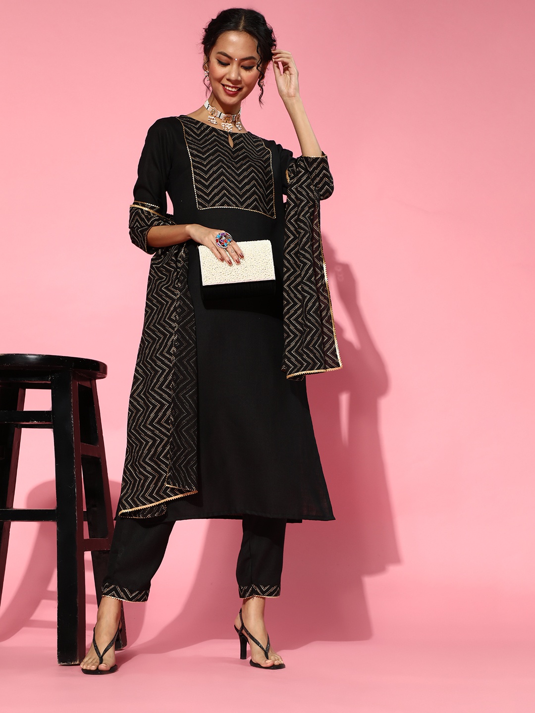 

Indo Era Black Cotton Blend Calf Length Kurta Set