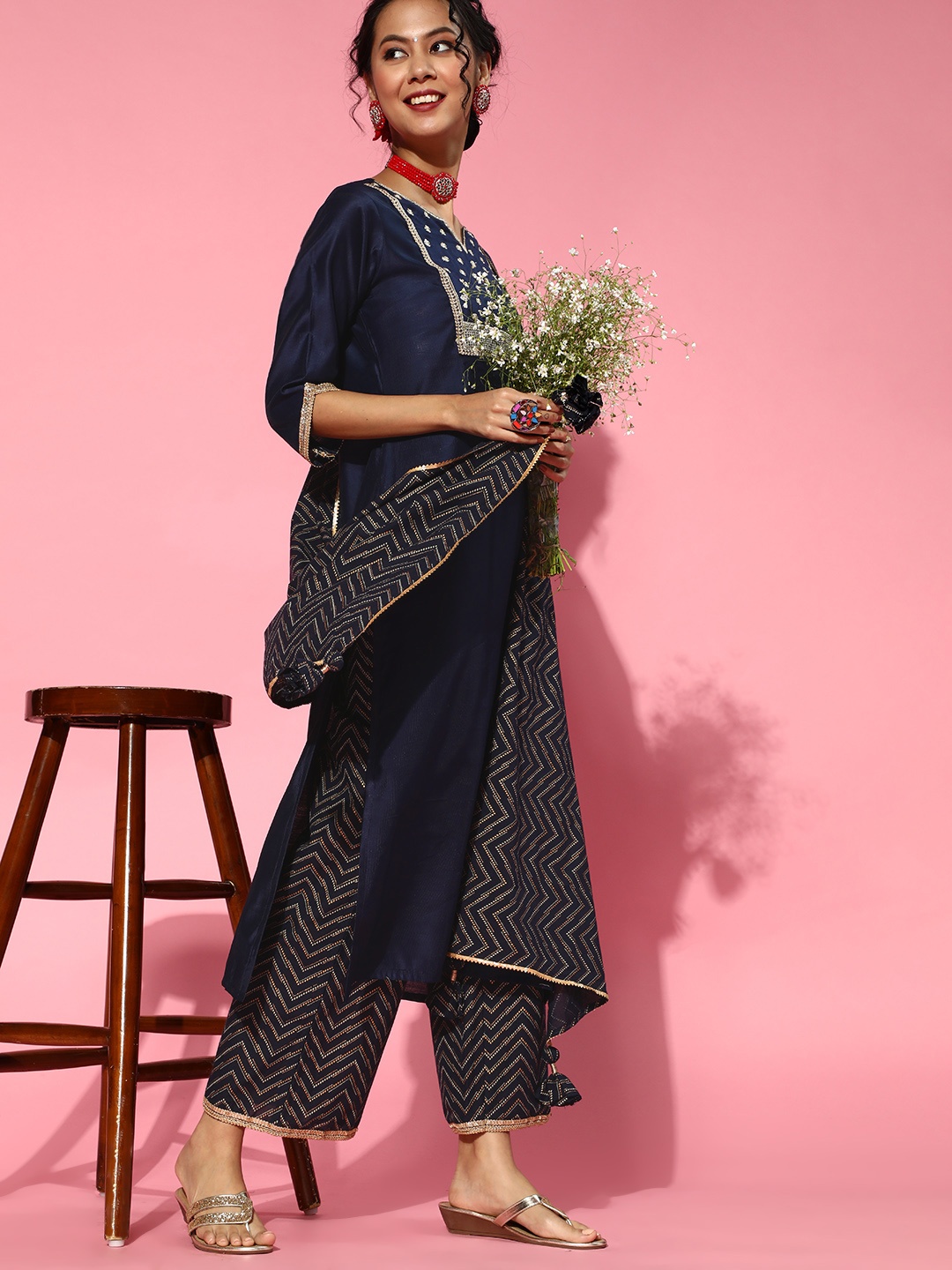 

Indo Era Navy Blue Cotton Blend Calf Length Kurta Set