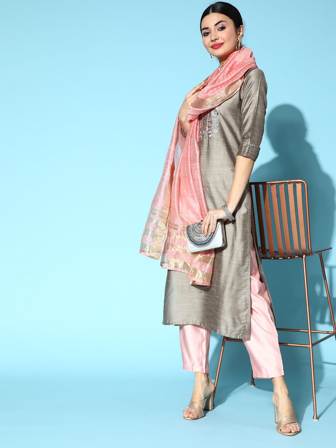 

Indo Era Grey Silk Blend Calf Length Kurta Set