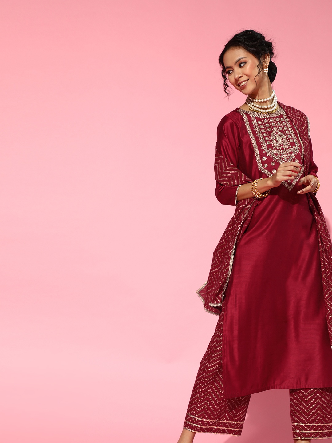 

Indo Era Red Cotton Blend Calf Length Kurta Set