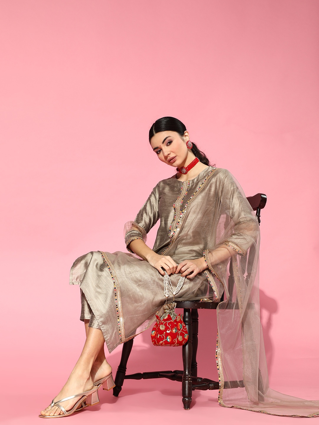 

Indo Era Grey Tussar Silk Calf Length Kurta Set