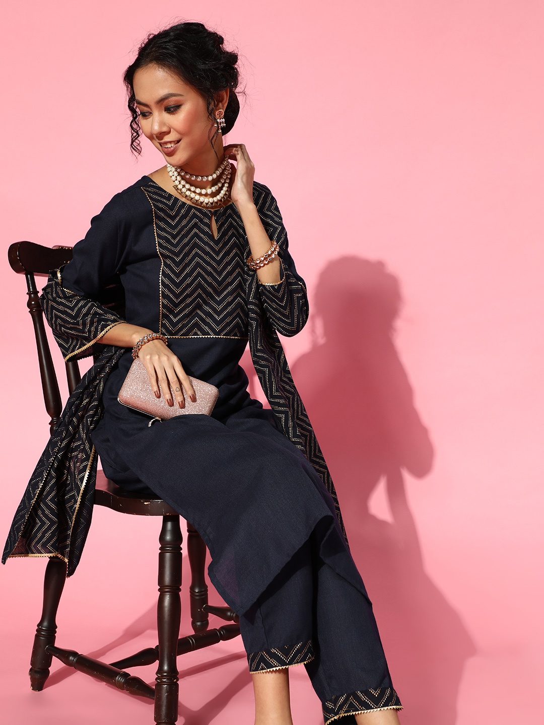 

Indo Era Navy Blue Cotton Blend Calf Length Kurta Set