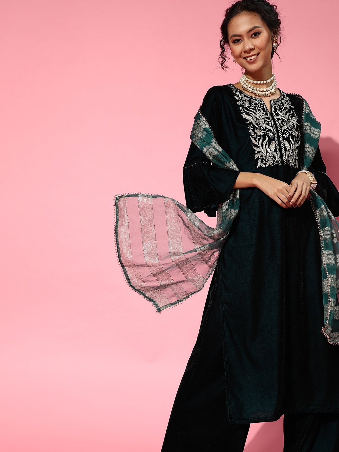 

Indo Era Teal Velvet Velvet Kurta Set