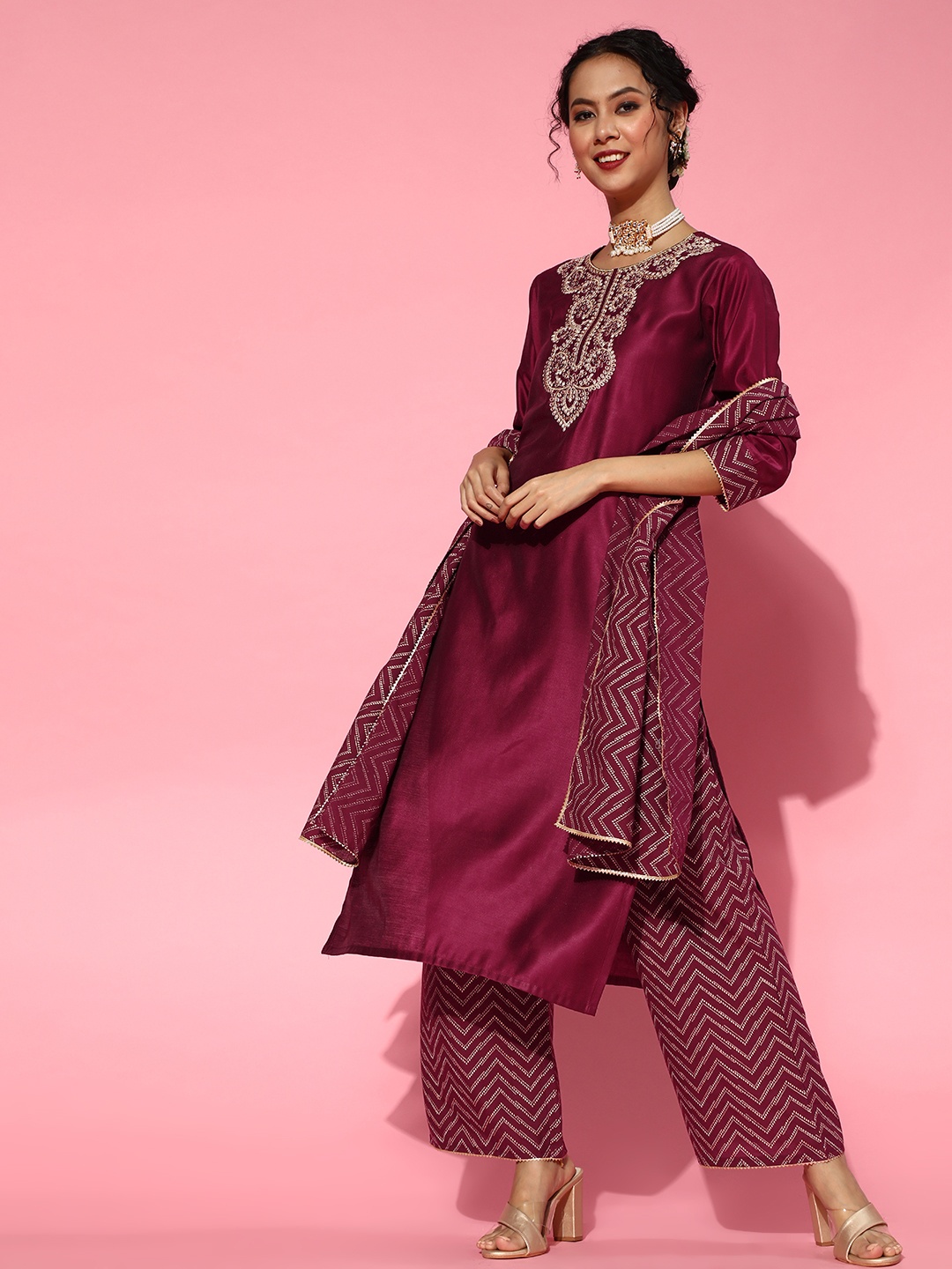 

Indo Era Magenta Liva Calf Length Kurta Set
