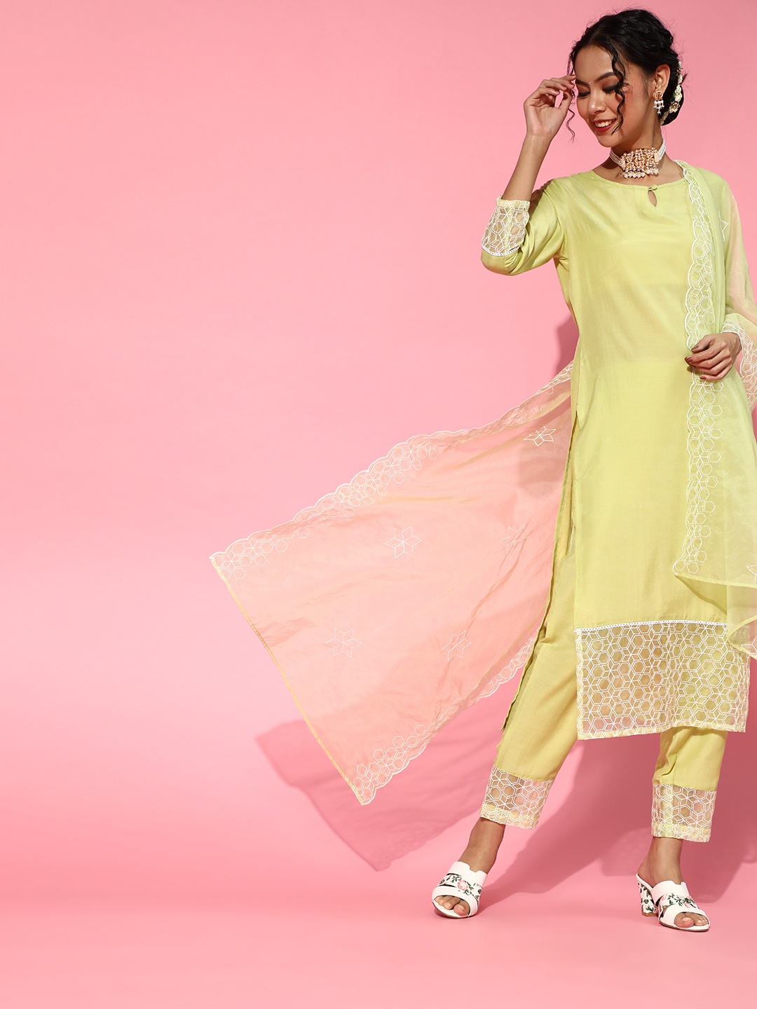 

Indo Era Olive Silk Blend Scalloped Edge Kurta Set