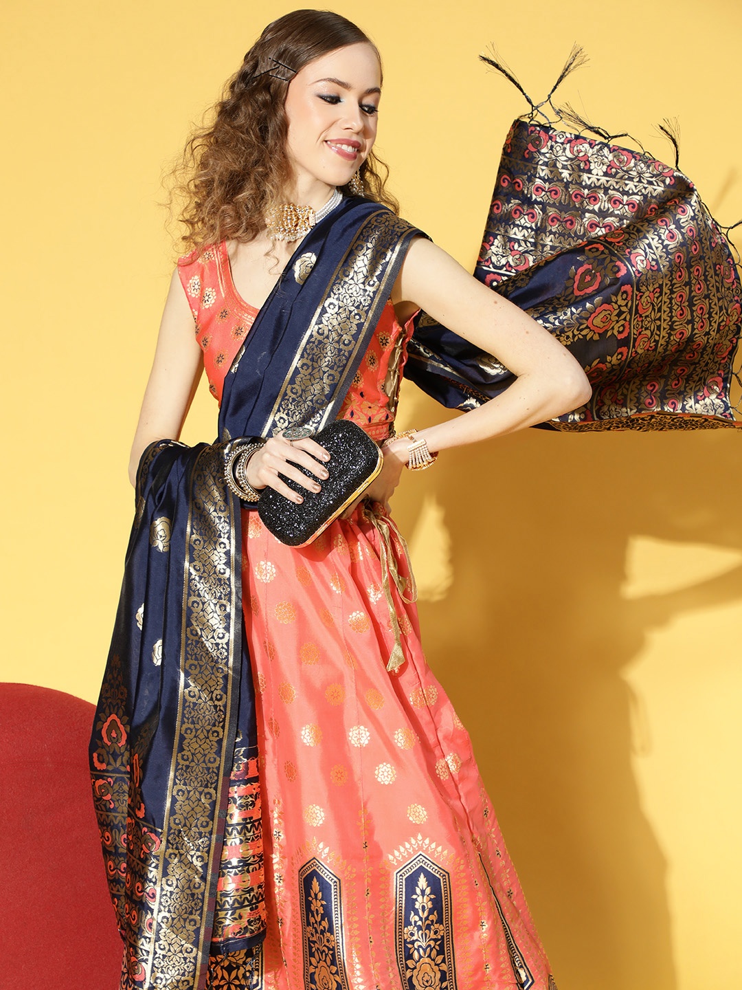 

Indo Era Pretty Pink Woven Design Semi-Stitched Lehenga Choli with Dupatta