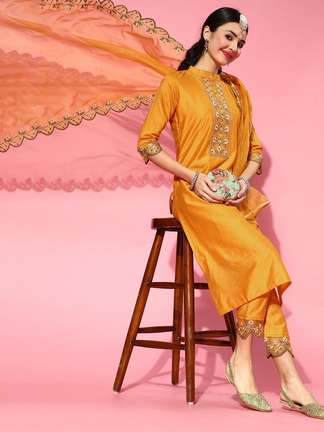 

Indo Era Yellow Tussar Silk Scalloped Edge Kurta Set