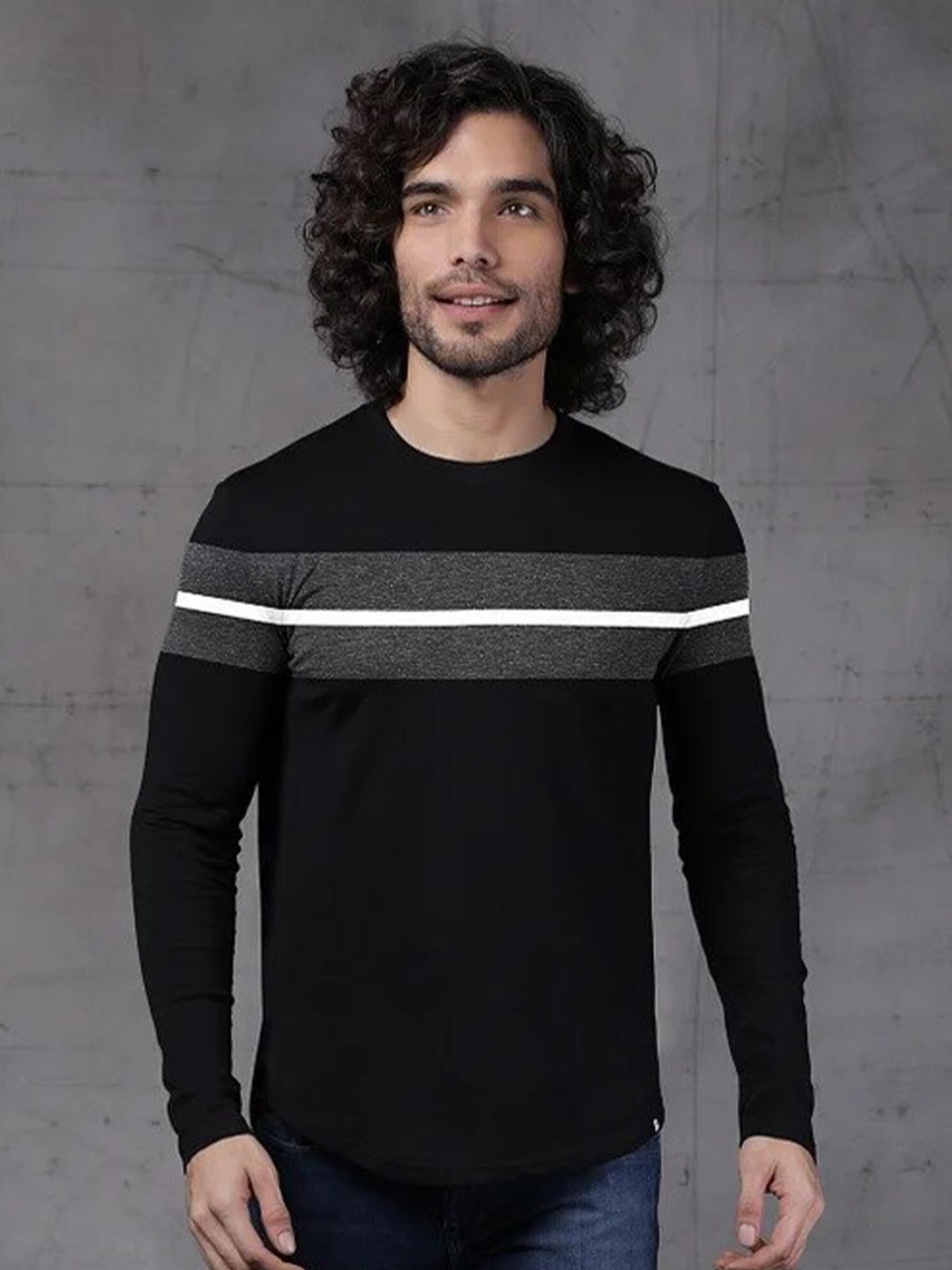 

The Souled Store Men Black & Grey Striped Cotton T-shirt
