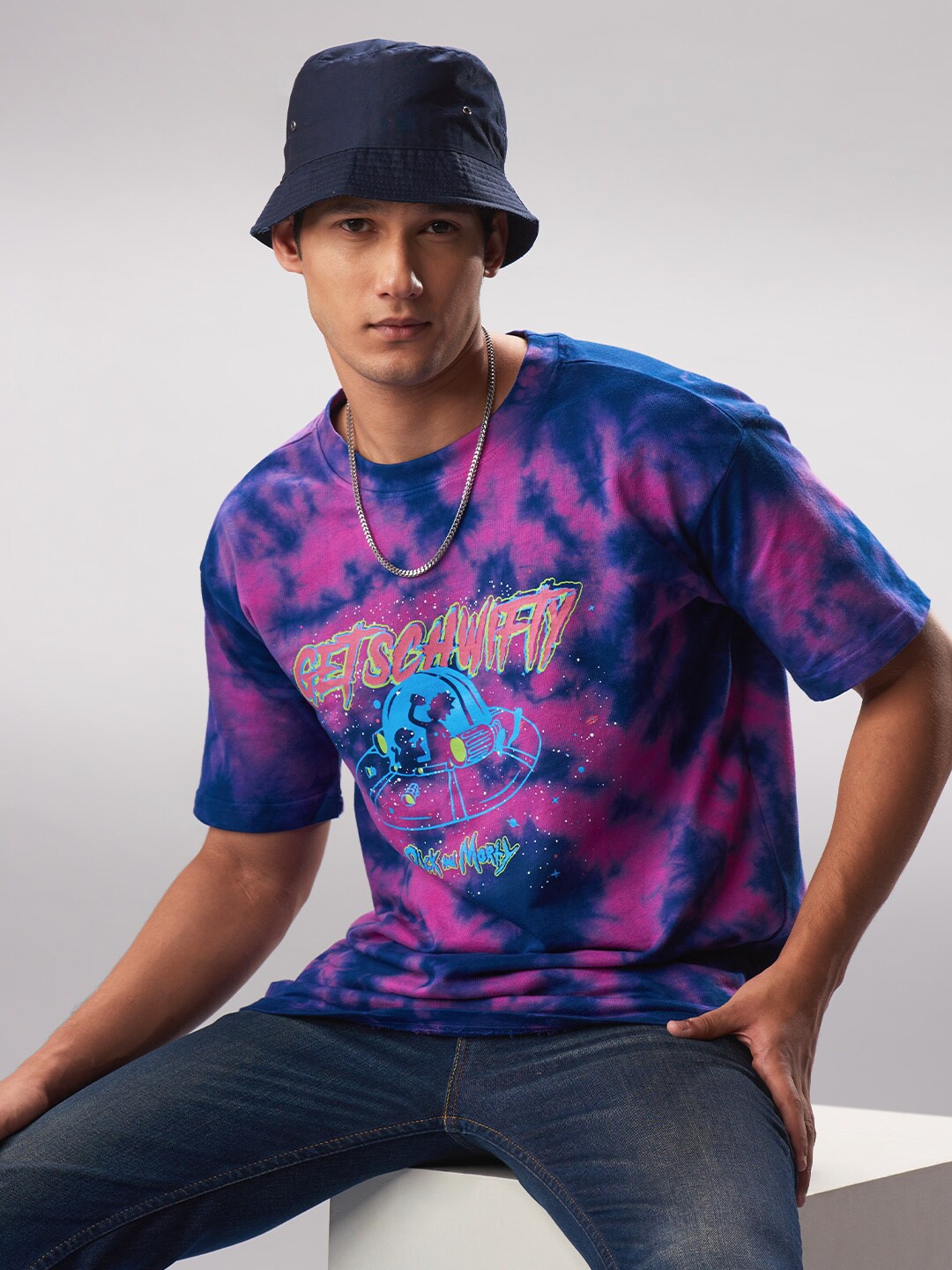 

The Souled Store Men Pink & Blue Tie & Dye Rick & Morty Get Schwifty Oversized T-shirt