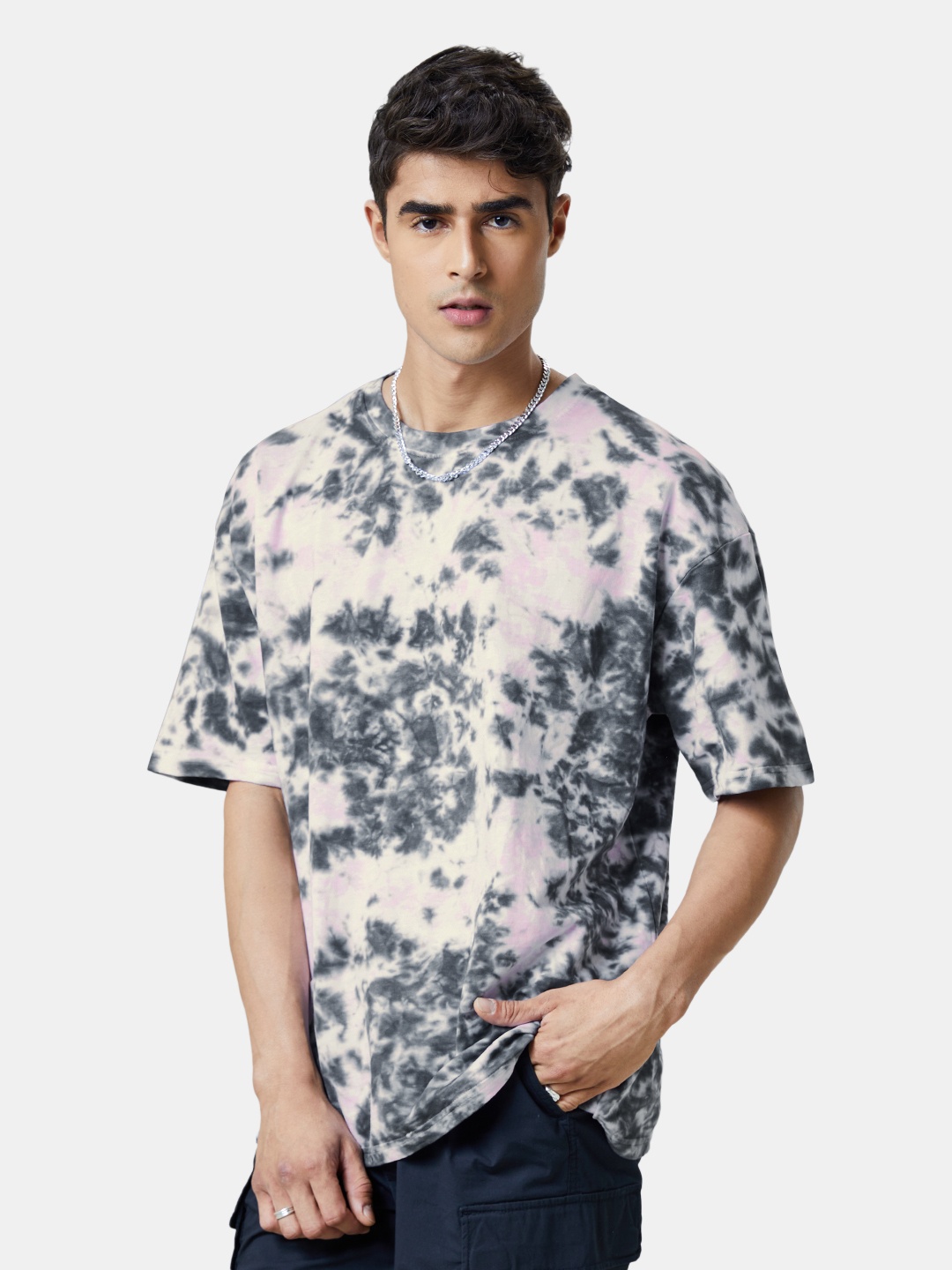 The Souled Store Men Grey & Black Tie & Dyed Cotton Oversized T-Shirt