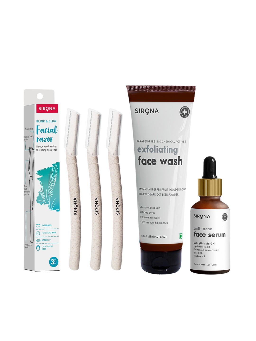 

Sirona Set of 3 Exfoliating Face Wash - Face Razors & Anti Acne Face Serum, Multi