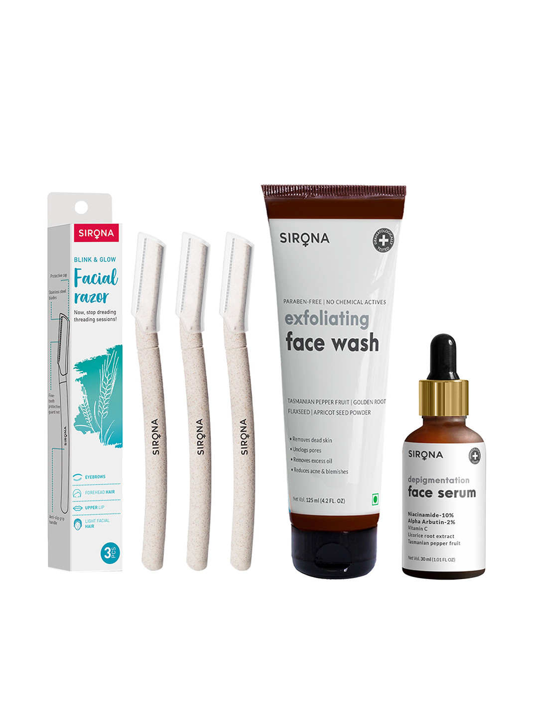 

Sirona Face Razor with Exfoliating Face Wash & Depigmentation Serum, Multi