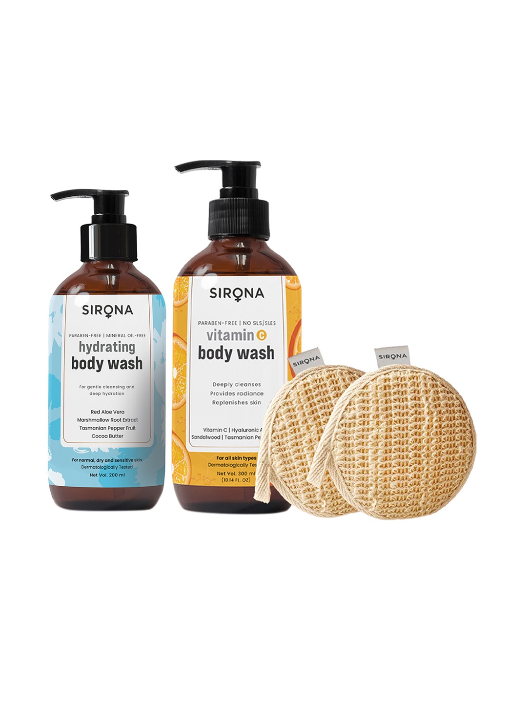 

Sirona Hydrating Body Wash + Vitamin C Body Wash & 2 Free Loofahs Combos, Multi