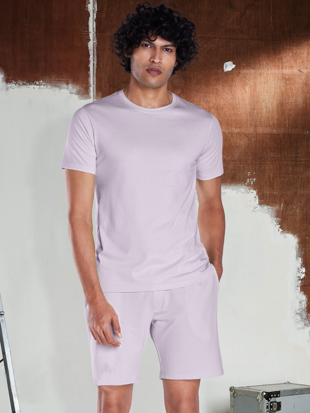 

The Souled Store Men Lavender Cotton T-shirt with Shorts