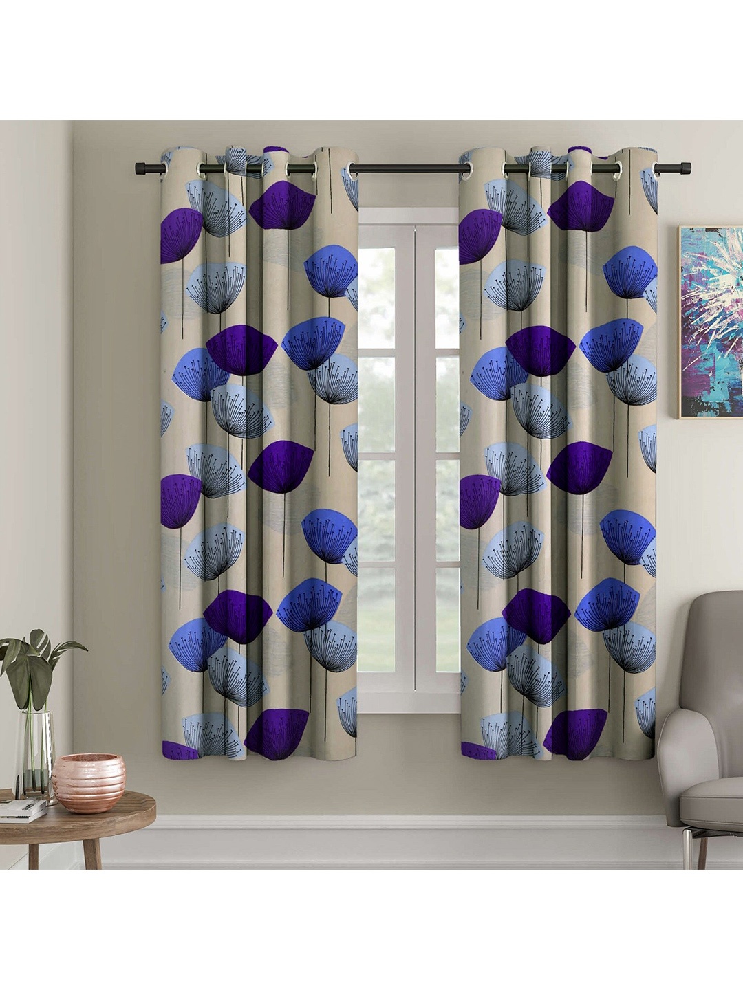 

Ispace Beige & Blue Set of 2 Floral Window Curtains