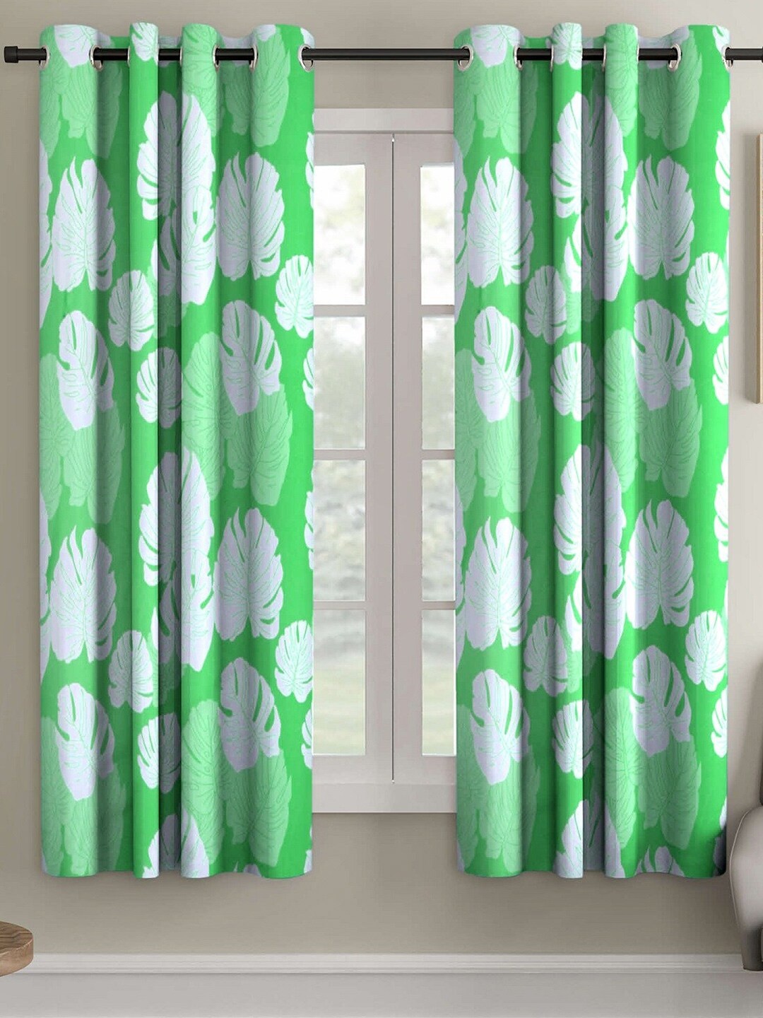 

Ispace Pack Of 2 Green Floral Printed Window Curtains