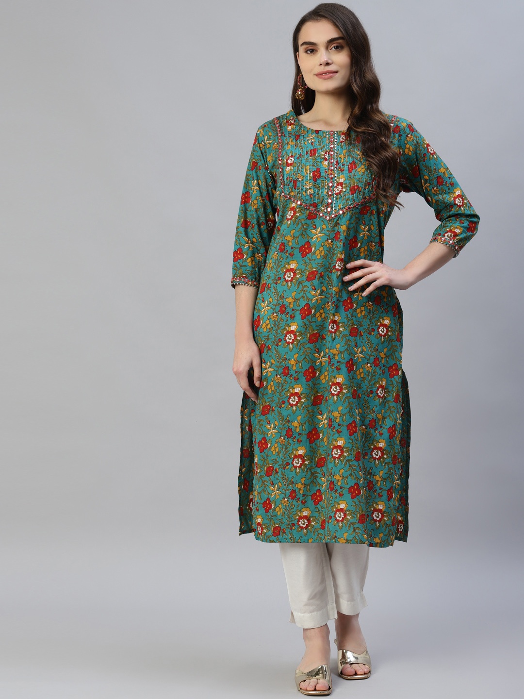 

Vbuyz Women Turquoise Blue & Red Floral Printed Mirror Work Floral Kurta