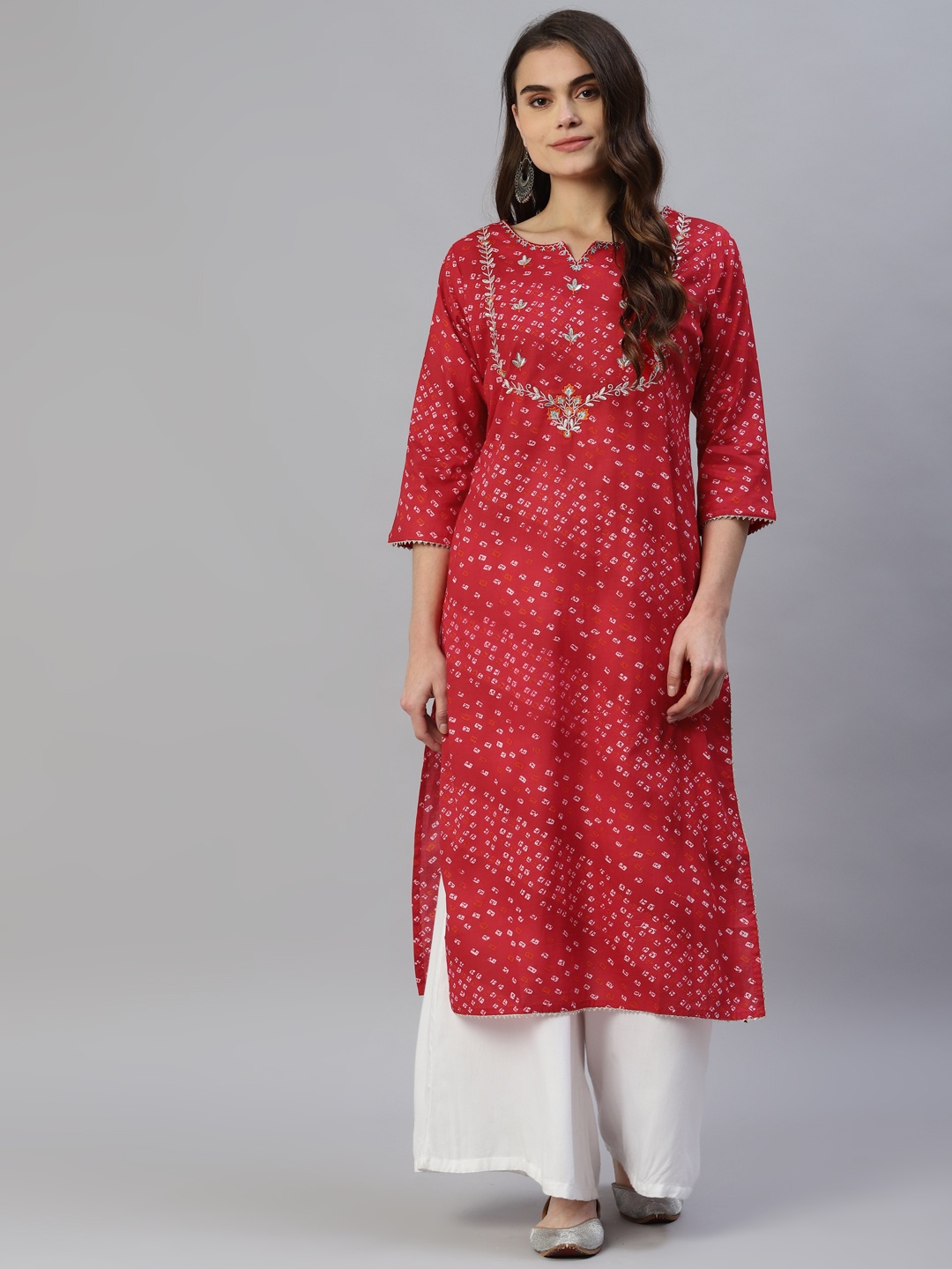 

Vbuyz Women Pink Bandhani Printed Embroidered Detail Kurta