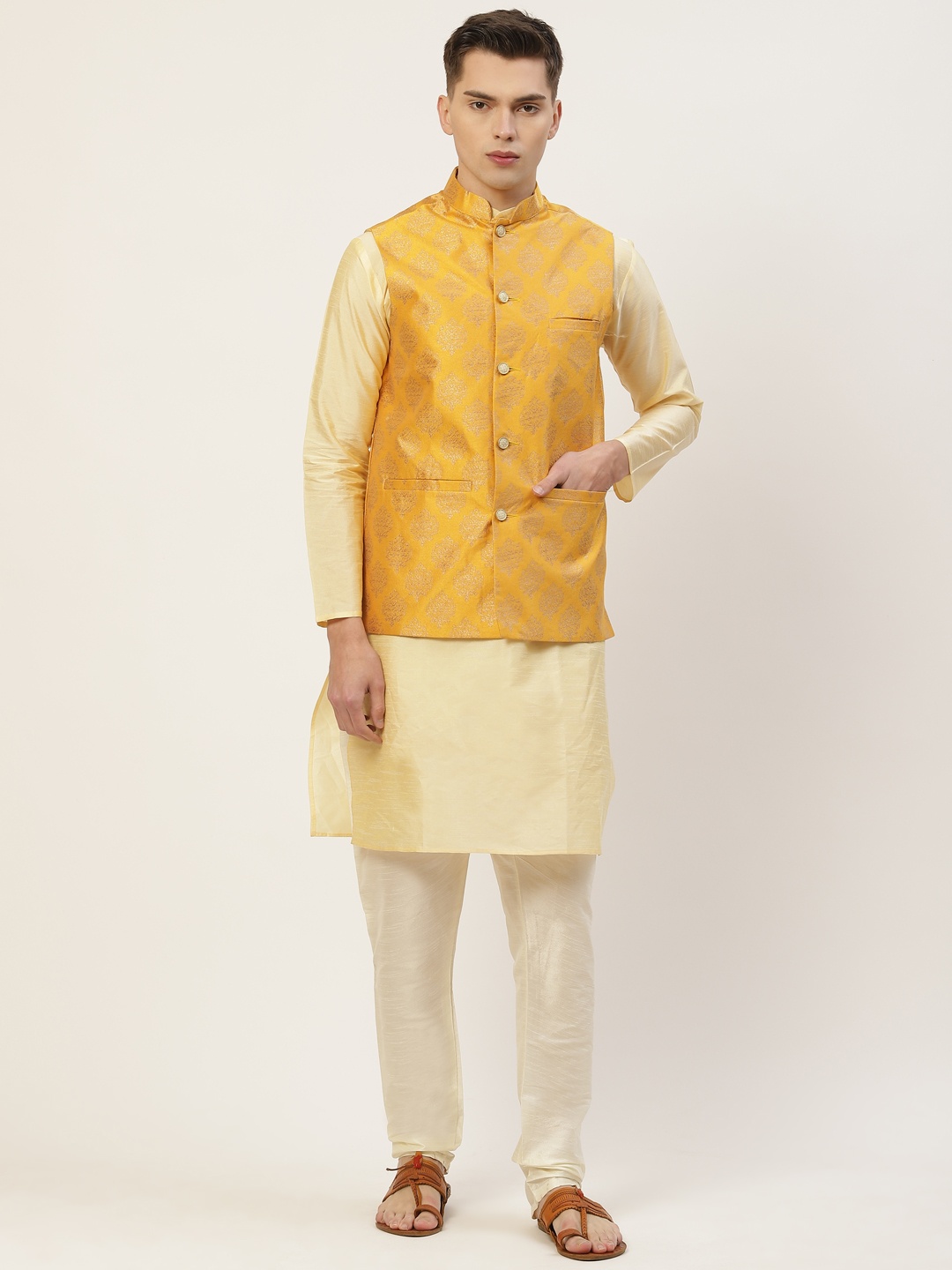 

Jompers Men Beige Solid Kurta with Churidar & Mustard Yellow Woven Design Nehru Jacket
