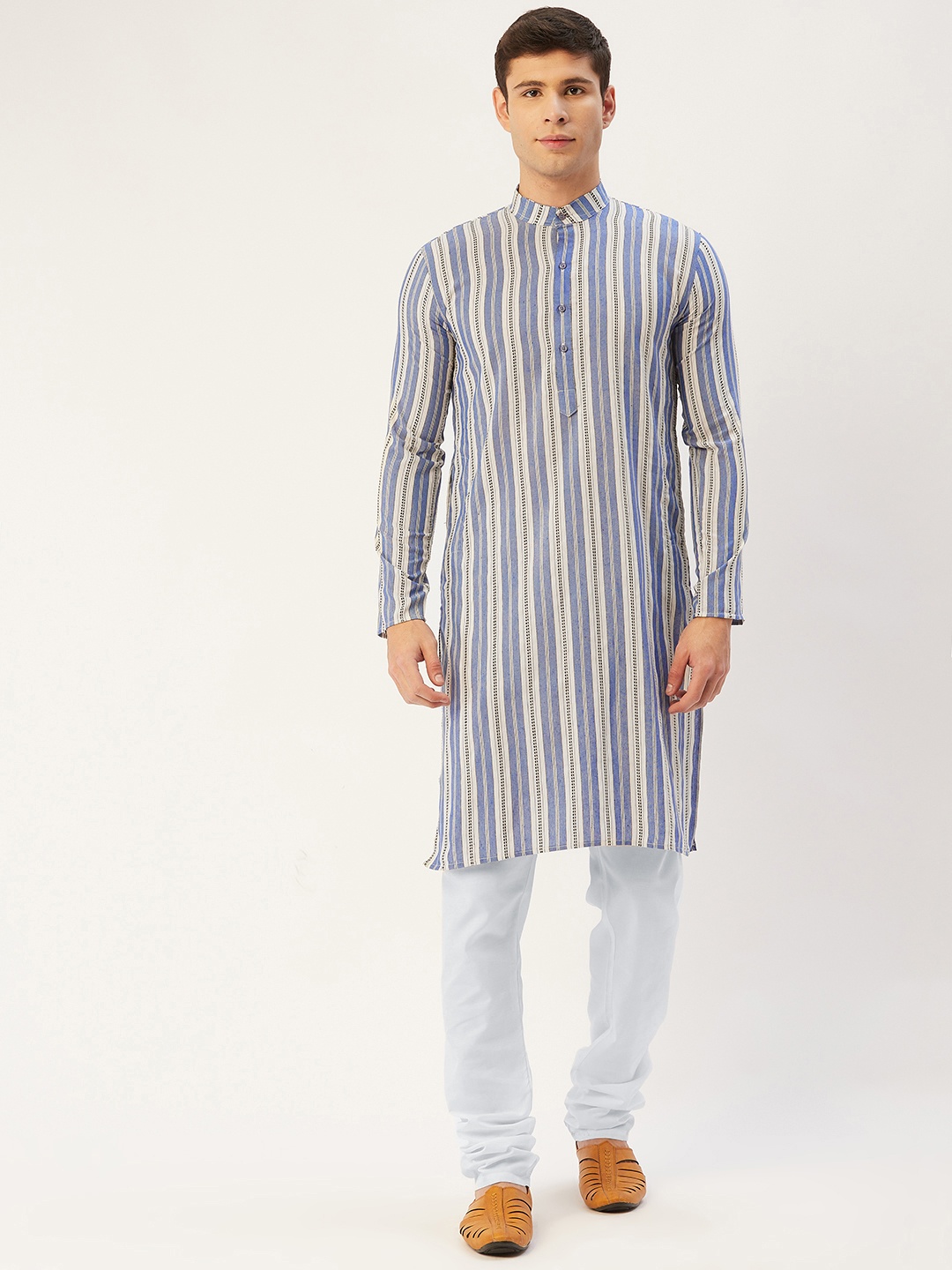 

Jompers Men Blue & White Striped Pure Cotton Kurta with Churidar