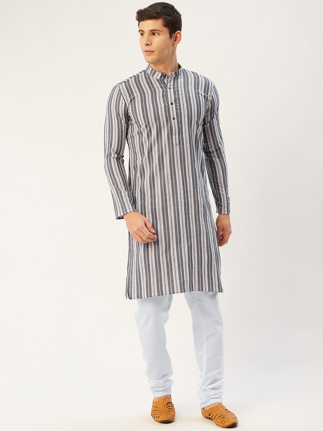 

Jompers Men Grey & White Striped Pure Cotton Kurta with Churidar