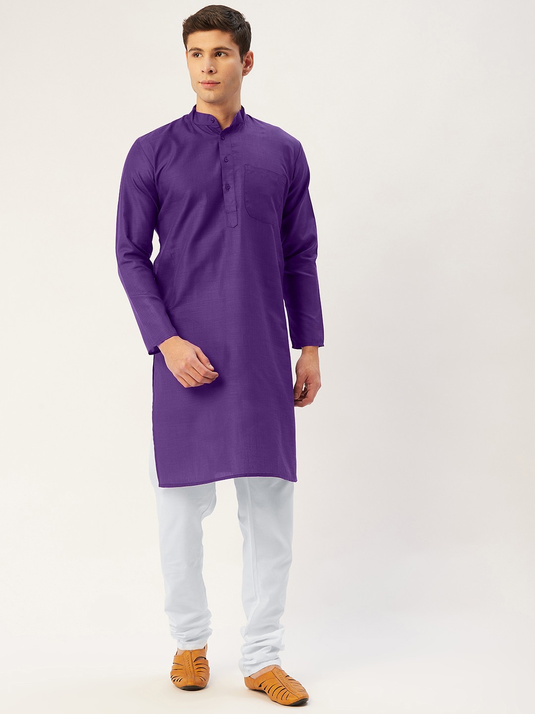 

Jompers Men Purple & White Solid Pure Cotton Kurta with Churidar