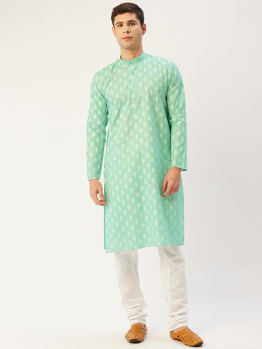 

Jompers Men Sea Green & White Ethnic Motifs Print Regular Kurta with Churidar