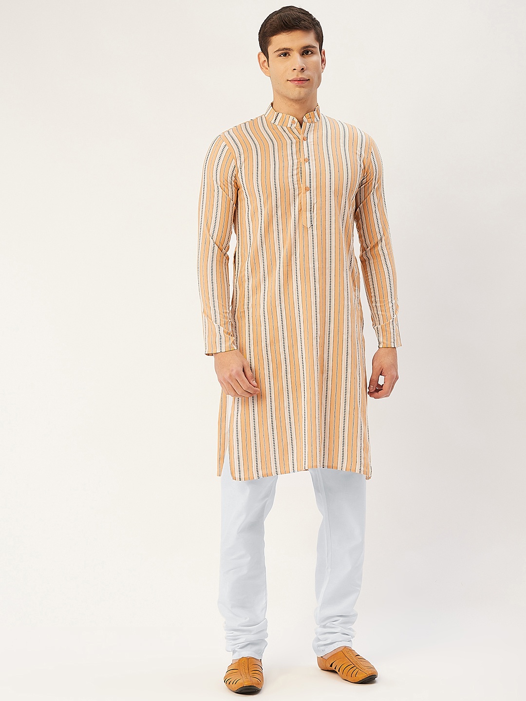 

Jompers Men Yellow & White Striped Pure Cotton Kurta with Churidar