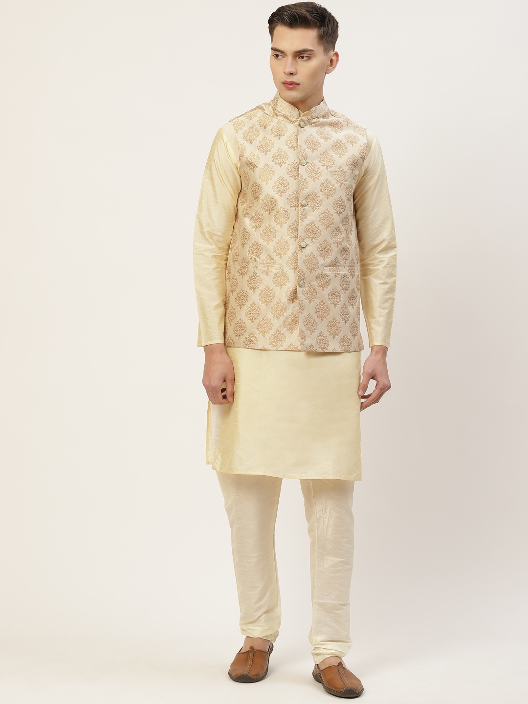 

Jompers Men Cream-Coloured Solid Kurta with Churidar Woven Design Nehru Jacket