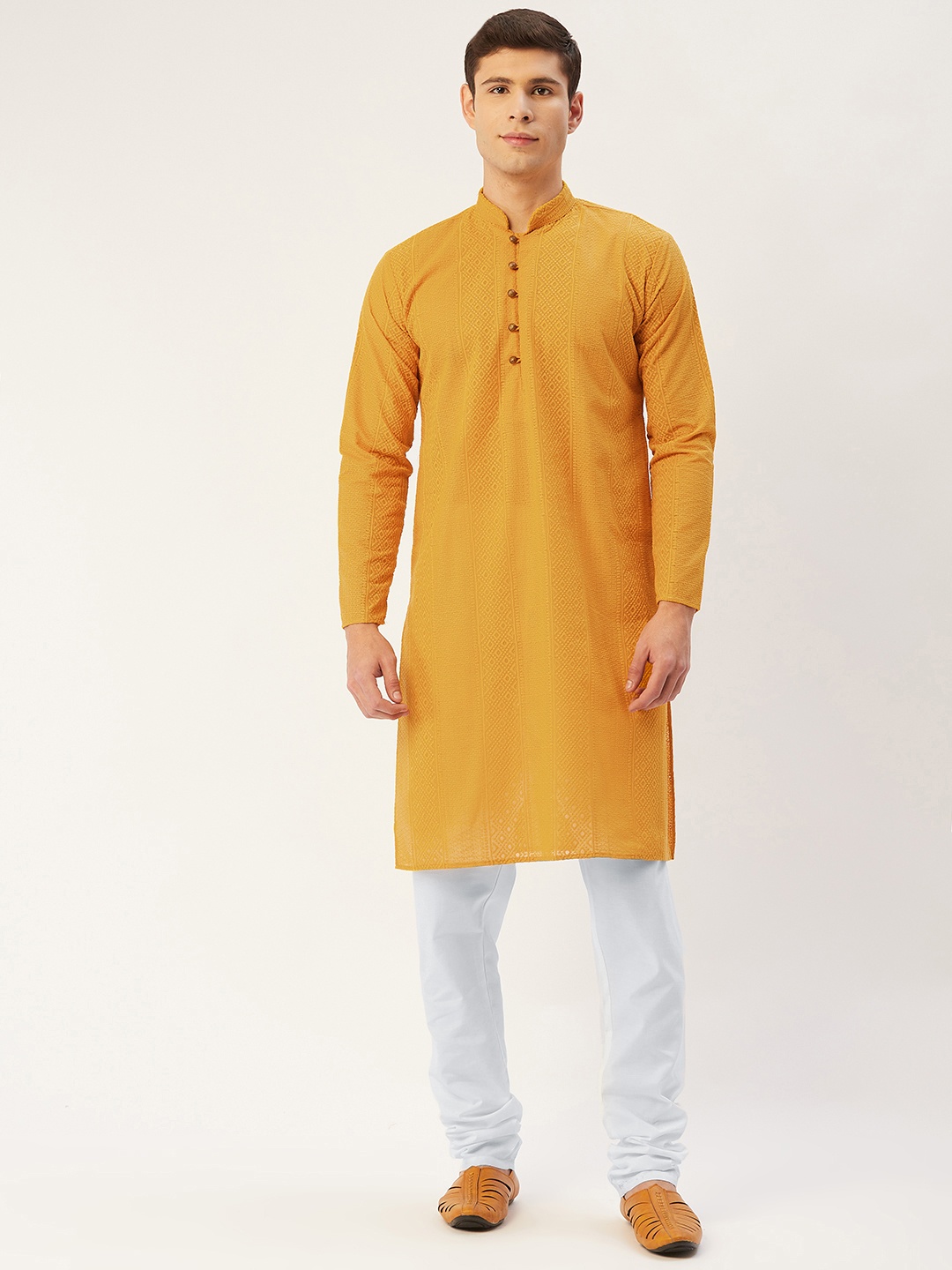 

Jompers Men Mustard Yellow & White Embroidered Pure Cotton Kurta with Churidar