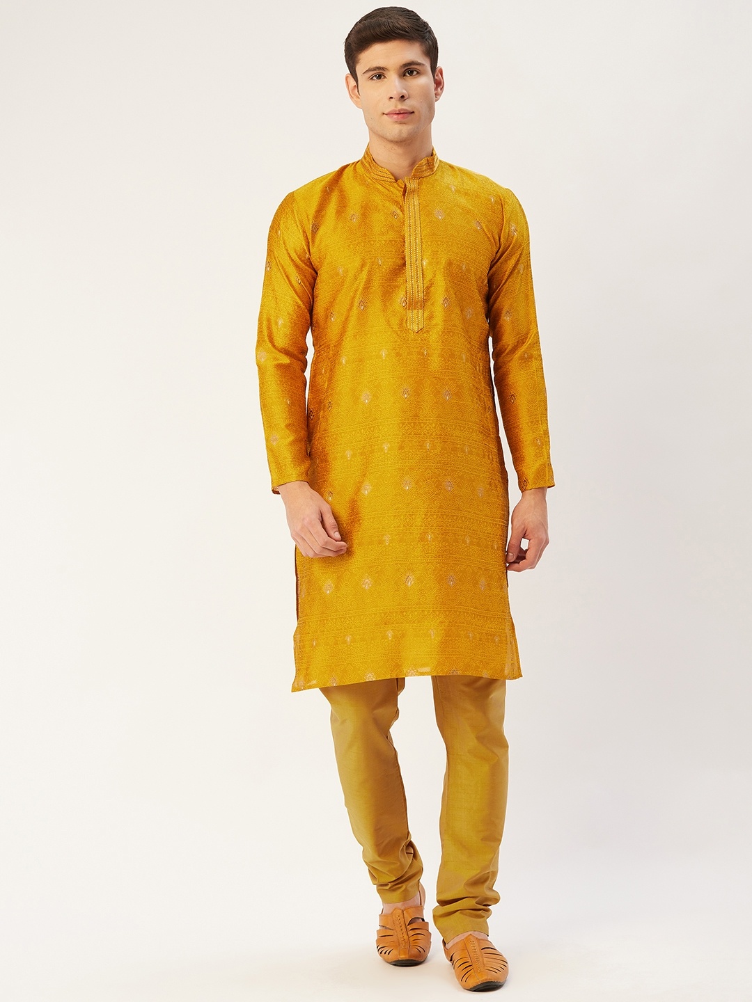 

Jompers Men Mustard Yellow Embroidered Woven Design Kurta with Churidar