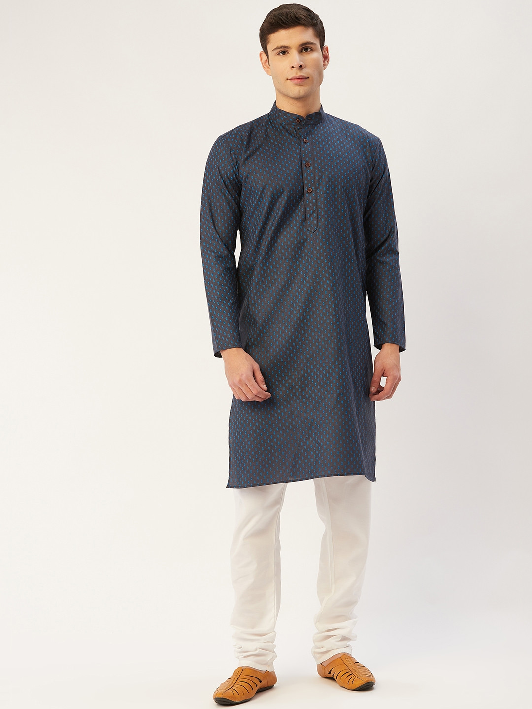 

Jompers Men Navy Blue Printed Pure Cotton Kurta with Churidar