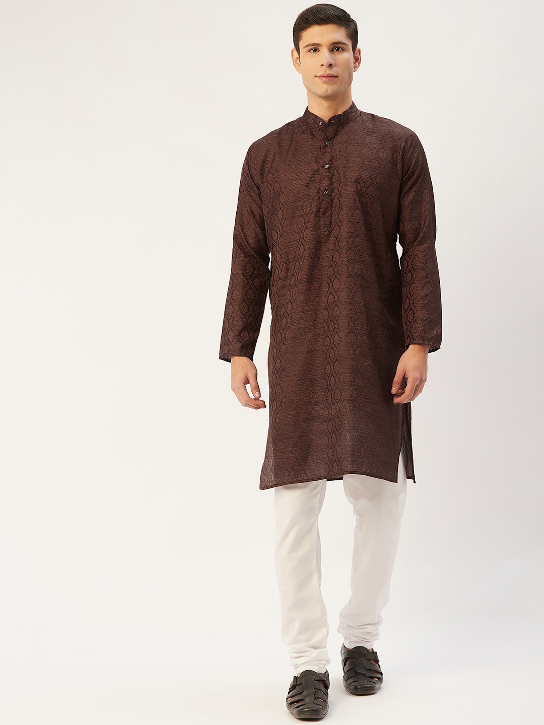 

Jompers Men Coffee Brown & Off-White Woven Design Jacquard Kurta with Churidar