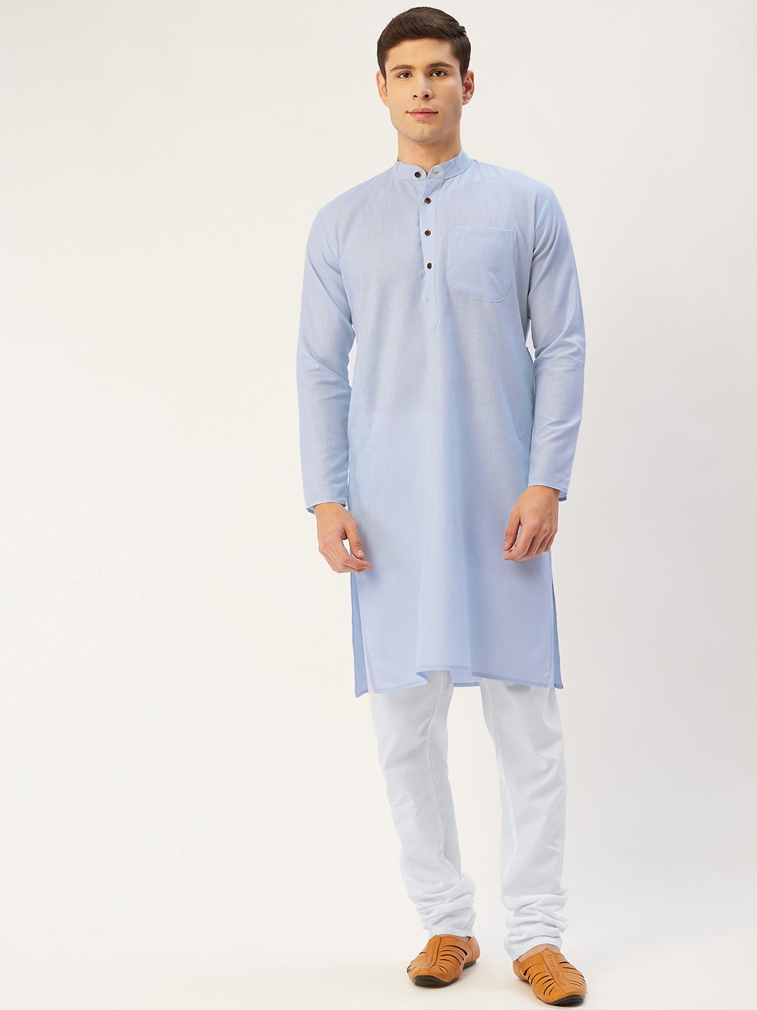 

Jompers Men Blue & White Solid Pure Cotton Kurta with Churidar