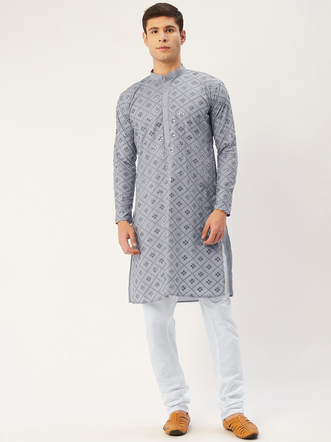 

Jompers Men Grey & White Embroidered Mirror Work Pure Cotton Kurta with Churidar