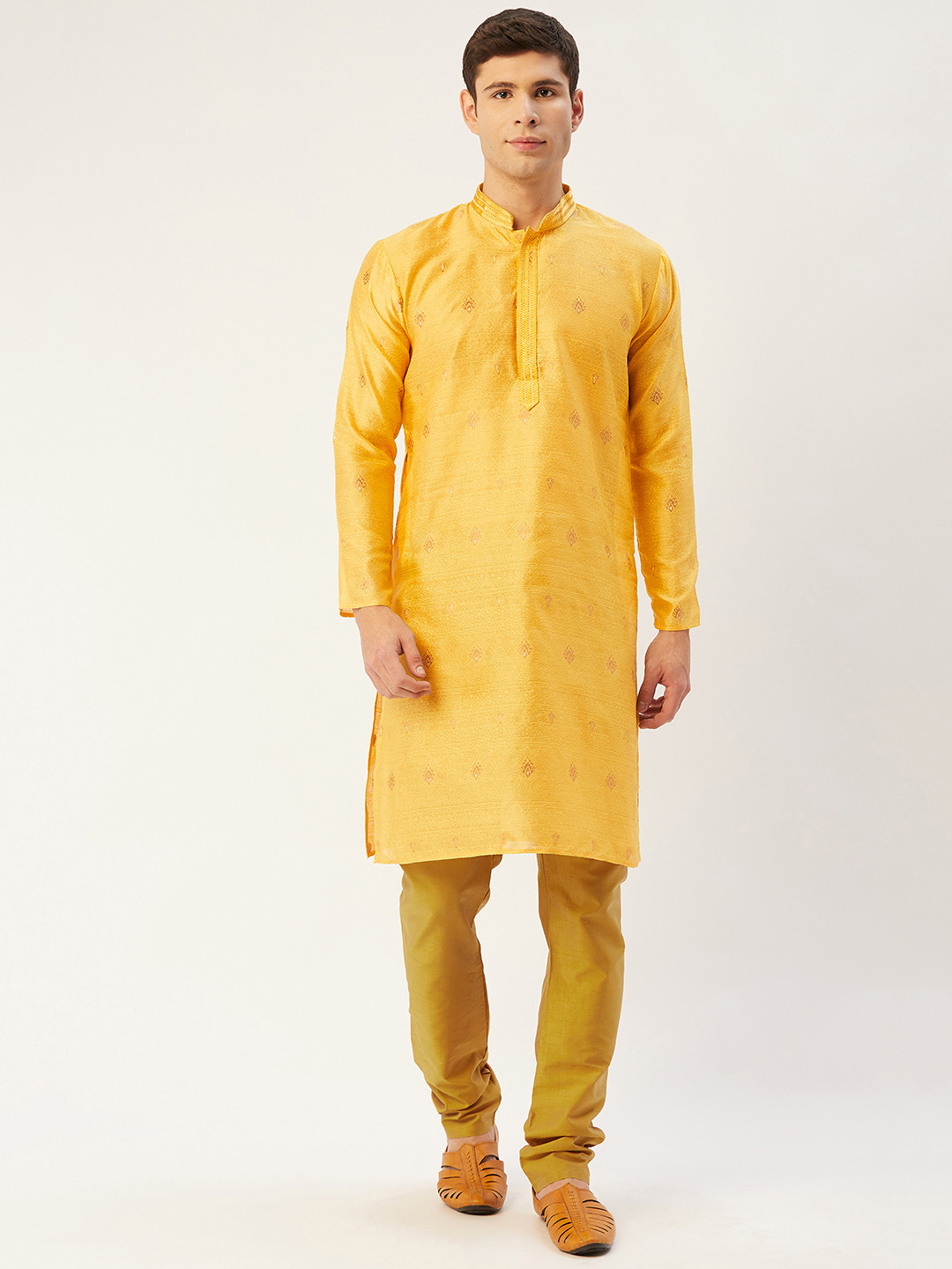 

Jompers Men Yellow & Gold-Toned Embroidered Woven Design Kurta with Churidar