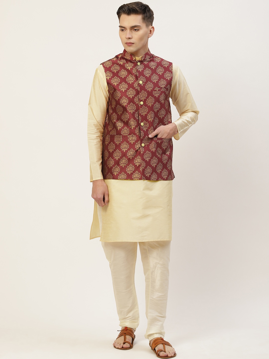 

Jompers Men Beige Solid Kurta with Churidar & Maroon Woven Design Nehru Jacket