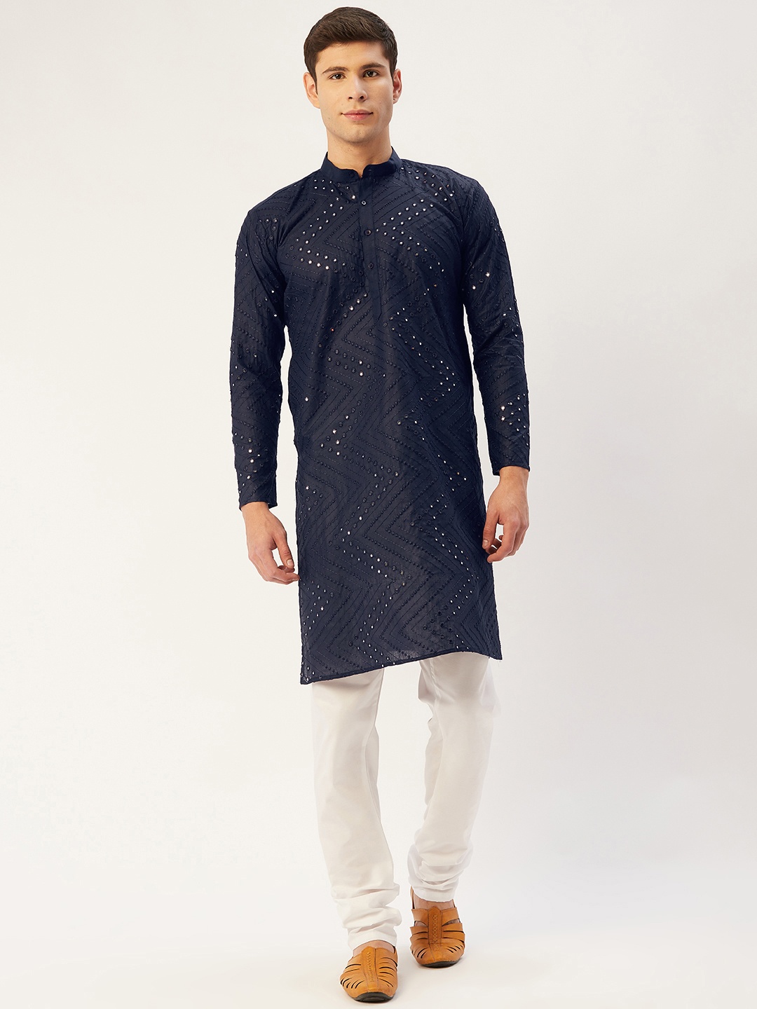 

Jompers Men Navy Blue & Off-White Embroidered Mirror Work Cotton Kurta with Churidar