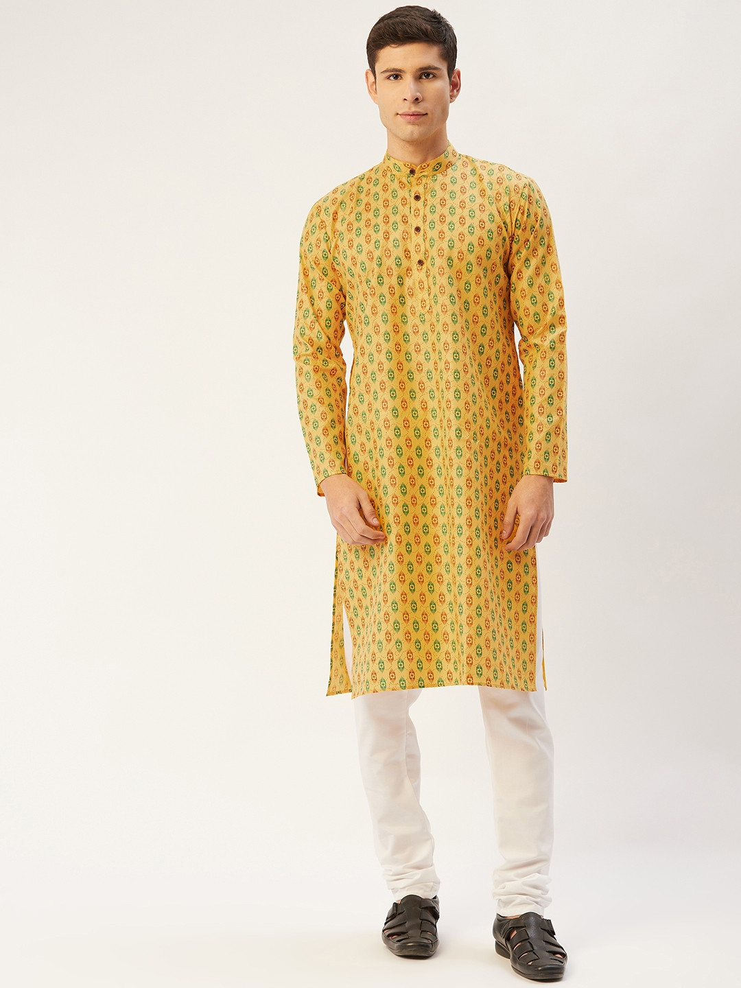 

Jompers Men Mustard Yellow & Green Ikat Print Regular Kurta with Churidar