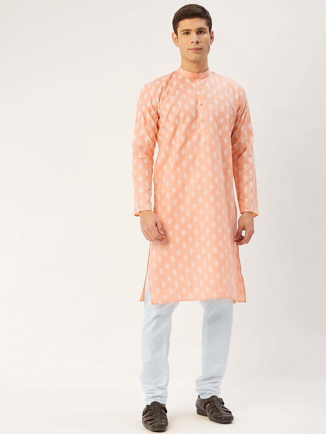 

Jompers Men Peach-Pink Ethnic Motifs Printed Regular Kurta with Churidar