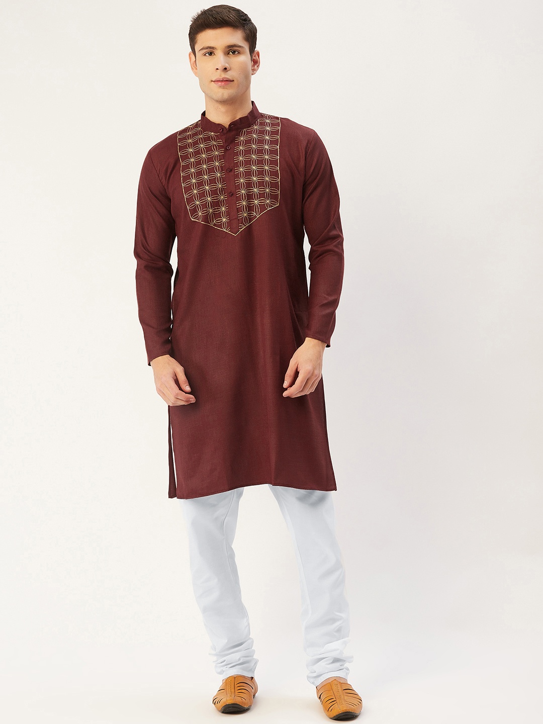 

Jompers Men Burgundy Floral Embroidered Yoke Design Thread Work Kurta with Churidar