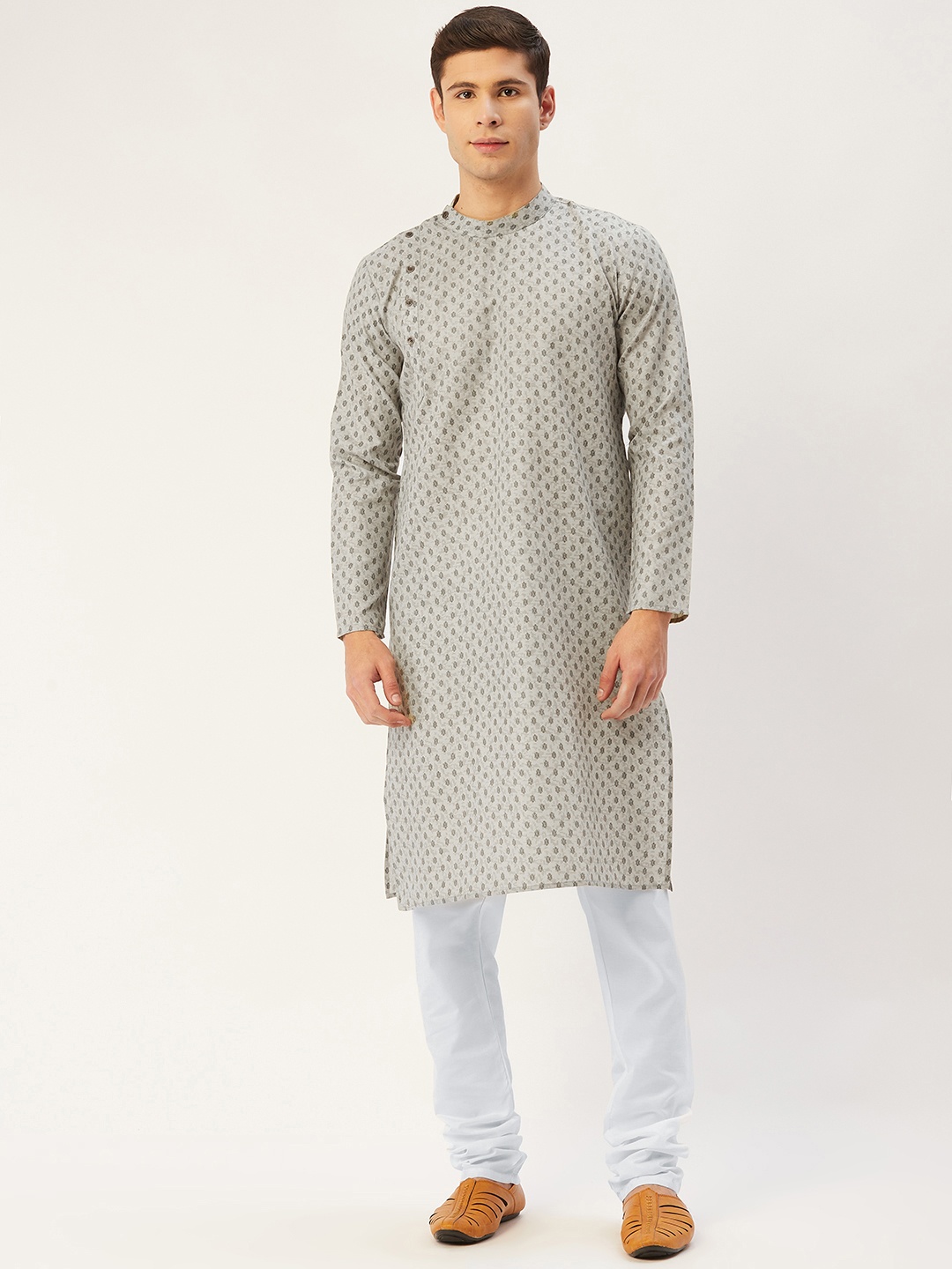 

Jompers Men Grey & Olive Green Ethnic Motifs Print Regular Kurta with Churidar