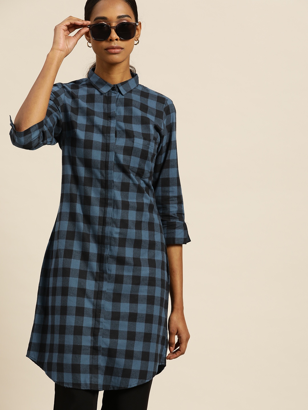 

Hancock Women Navy Blue & Black Cotton Relaxed Fit Tartan Checked Casual Longline Shirt